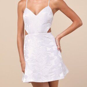 Lulus Pristinely Pretty White Jacquard Cutout Bow Mini Dress - Size XL